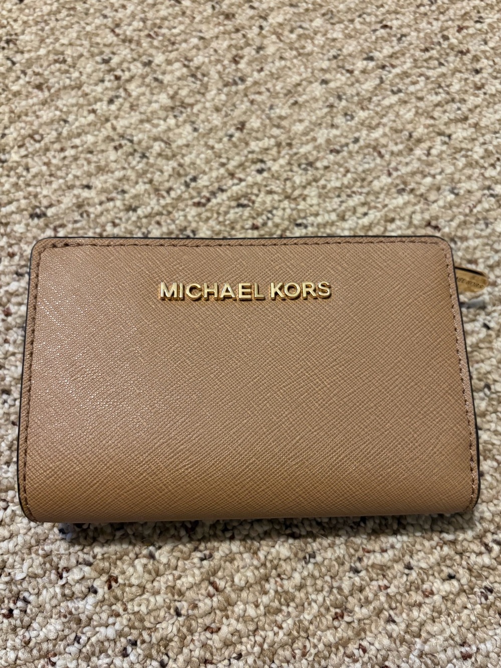 Michael Kors tan Saffiano Zip Wallet with Gold Logo